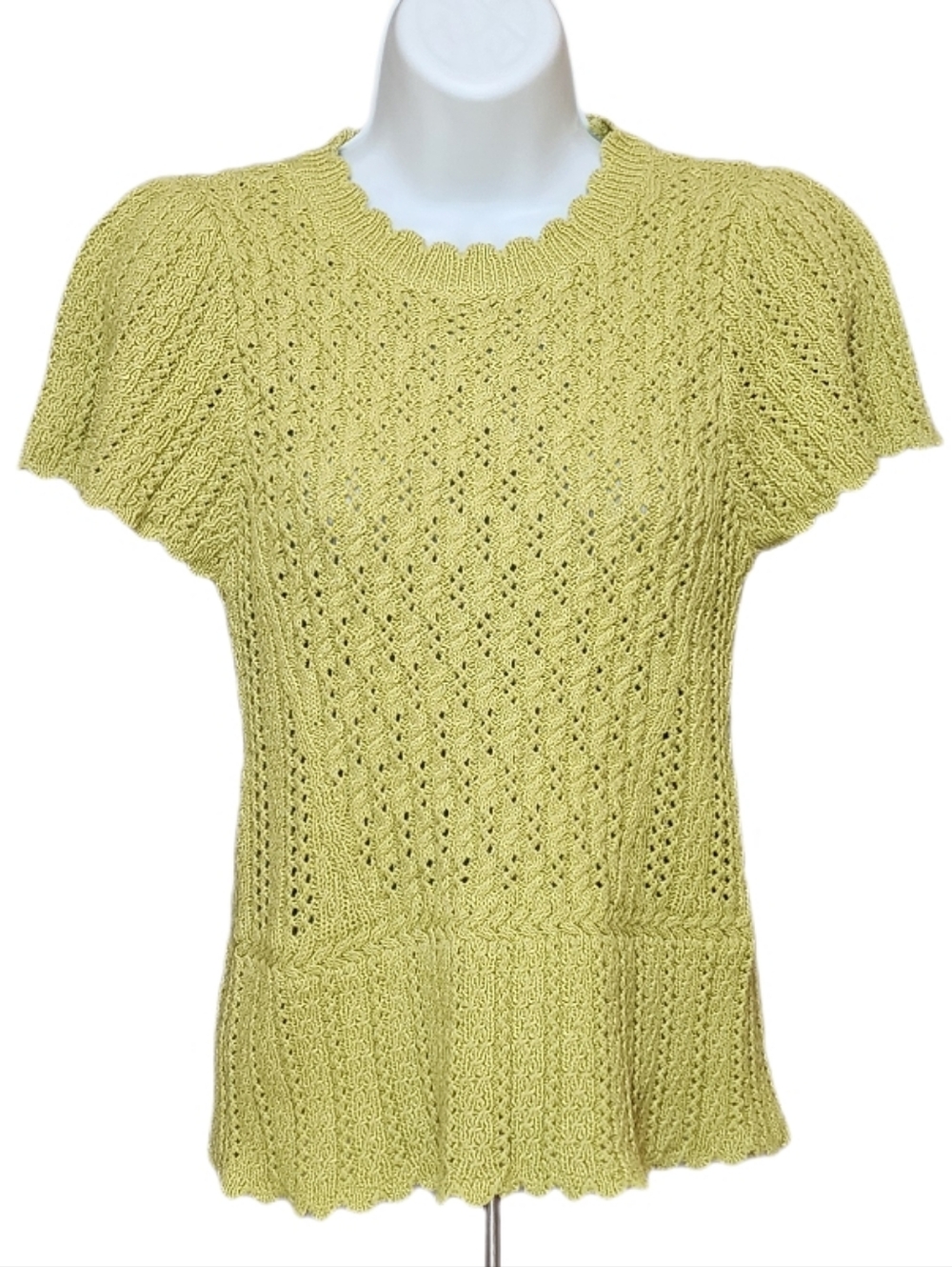 Democracy Short Flounce Sleeves Round Neck Peplum Crochet Sweater Citron Green